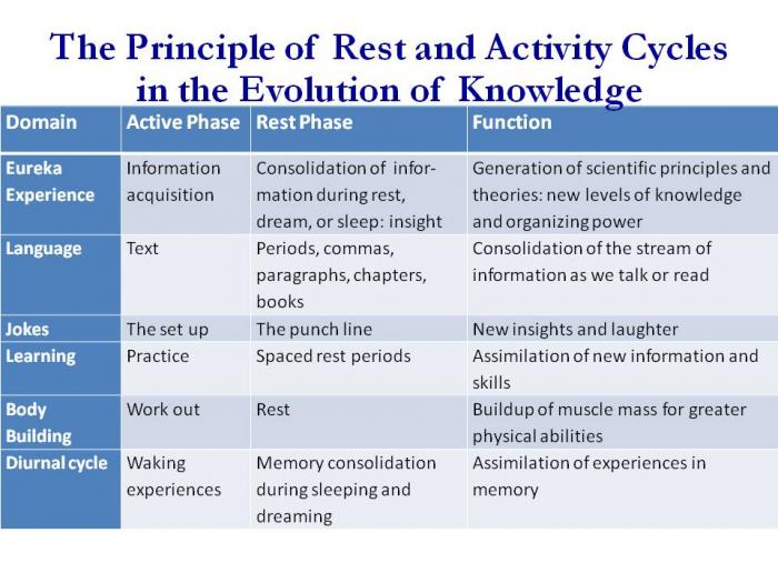 <b>More generally, rest phases are periods in which information gained during focused thought become consolidated into memory and integrated into higher level knowledge structures, comprehension, insights, and creative ideas.</b>