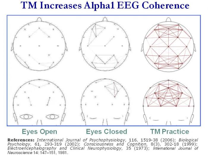 <b>TM <u>globally</u> increases coherence in alpha1 EEG, distinguishing it from ordinary eyes closed resting. Other meditation techniques do not have this effect.  Alpha coherence has been found to functionally bind different areas of the brain for creativity, memory, perception, and motor behavior, which  explains its cognitive effects.</b>