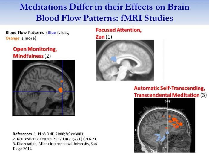 <b>Different meditation techniques also differ in the blood flow patterns as indicated by fMRI studies</b>. The study on Zen, as an example of <b>Focused Attention</b>, found decreased blood flow in the posterior component of the Default Mode Network (DMN), indicating controlled visual attention required by this Zen technique.<br> <br>The study on mindfulness, as an example of <b>Open Monitoring</b>, found increased blood flow to the anterior cingulate gyrus, which indicates attention directing. It reflects that with mindfulness one is constantly changing the beam of attention from one thought or object of experience to another.<br> <br><b>Automatic Self-Transcending</b>. The pattern of blood flow during TM indicates a state of Restful Alertness. During TM, we are seeing increased frontal blood flow (orange), indicating increased inner awareness, together with decreased blood flow in the pons, brain stem and cerebellum (blue), indicating deep rest to the body. <br>