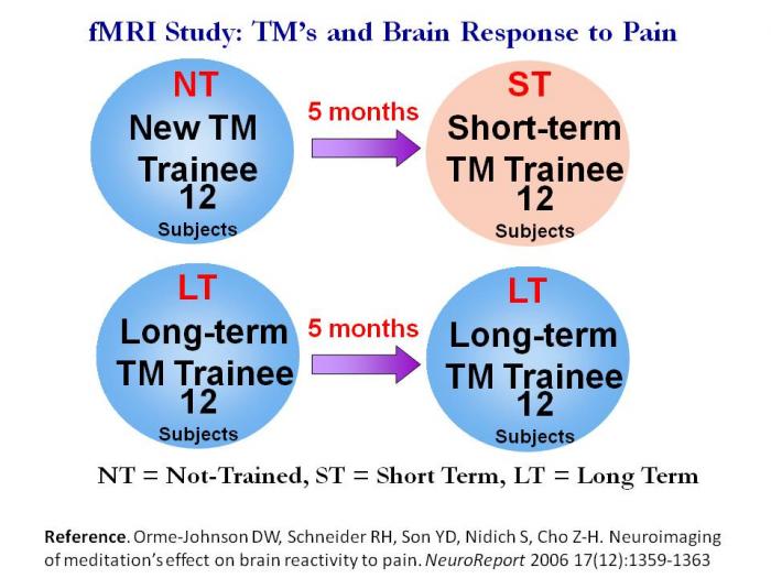 <b> An fMRI study showed that 5 months of TM practice reduced the reactivity of the pain matrix of the brain to pain. </b>